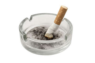 Cigarette butt resting in a dirty glass ashtray filled with ash, portraying unhealthy lifestyle choices and the struggle with addiction