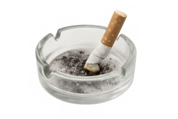 Cigarette butt resting in a dirty glass ashtray filled with ash, portraying unhealthy lifestyle choices and the struggle with addiction