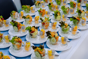 line of many dish of the set of cocktail salad shot dessert in dinner reception