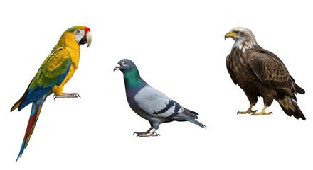Obraz premium Set of Three Birds – Colorful Parrot, Graceful Pigeon and Majestic Eagle Isolated on White Background – Wildlife Collection Featuring Exotic, Urban and Predatory Bird Species in High Detail