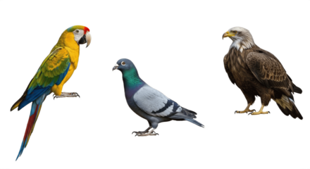 Set of Three Birds – Colorful Parrot, Graceful Pigeon and Majestic Eagle Isolated on White Background – Wildlife Collection Featuring Exotic, Urban and Predatory Bird Species in High Detail