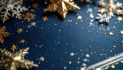Luxurious Christmas background with golden stars and snowflakes on dark blue surface expressing elegance celebration and timeless holiday glamour mood