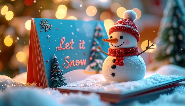 Playful Christmas snowman with red hat and scarf beside Let it Snow sign glowing in soft golden light symbolizing joy and celebration of winter holidays