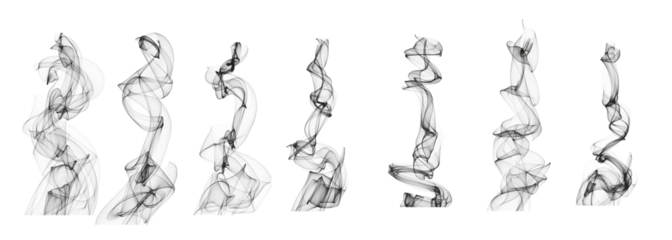 Abstract black smoke swirl shapes on a white background. Elegant flowing motion ideal for art, design, or digital effects. Perfect for overlays, backgrounds, and creative visual projects.