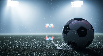 Soccer ball on a wet field during a rainy night game dramatic stadium lighting sports and competition concept
