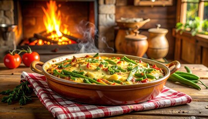 Rustic casserole dish filled with baked vegetables and cheese placed on a red checkered cloth near a cozy fireplace evoking warmth of countryside home cooking