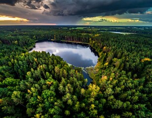 Obraz premium Aerial view of a dark lake surrounded by lush green forests under storm clouds