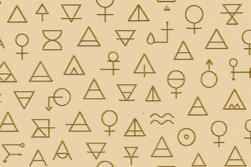 Alchemical Minimalism Seamless Pattern &ndash; Abstract Element Symbols with Brass Highlights

