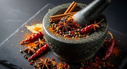 A dark stone mortar and pestle filled with a vibrant mix of crushed spices including chili peppers, cinnamon sticks, star anise, and colorful peppercorns, set against a dark background.