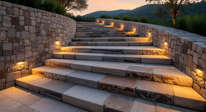 A beautifully lit outdoor stone staircase winding upwards at dusk, flanked by natural stone walls and surrounded by subtle landscape.