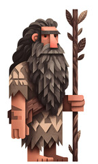 Stone Age Caveman With Wooden Staff, Primitive Tribal Man, Bearded Hunter Gatherer, Abstract Geometric Illustration, Full Body Vector Art, Paleolithic Culture, Isolated Character