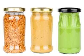 Set of jars with mustard, grain mustard and wasabi isolated on white background