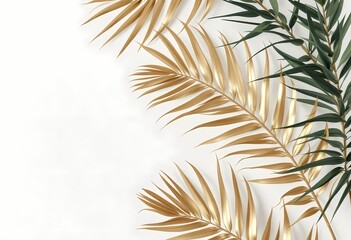 Fototapeta premium Golden and green palm leaves on white minimalist background