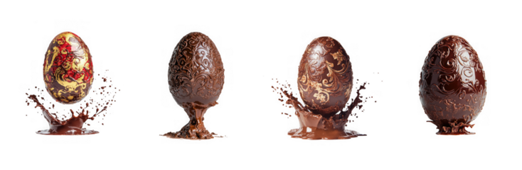 Four chocolate easter eggs in various stages of splashing into liquid chocolate, isolated on transparent background