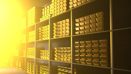 Generic gold reserve vault with stacks of gold bars. Bank vault with gold and cash. 3d rendering