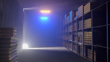 Generic gold reserve vault with stacks of gold bars. Bank vault with gold and cash. 3d rendering