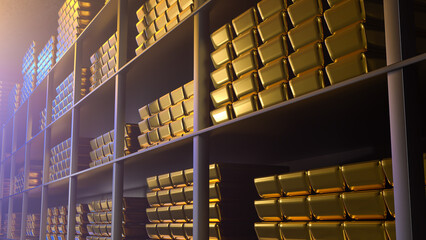 Generic gold reserve vault with stacks of gold bars. Bank vault with gold and cash. 3d rendering
