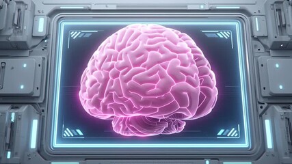 Glowing pink brain displayed futuristic digital screen showcasing healthcare innovation biotech advancements neuroscience medical technology virtual hologram research artificial intelligence data - Powered by Adobe