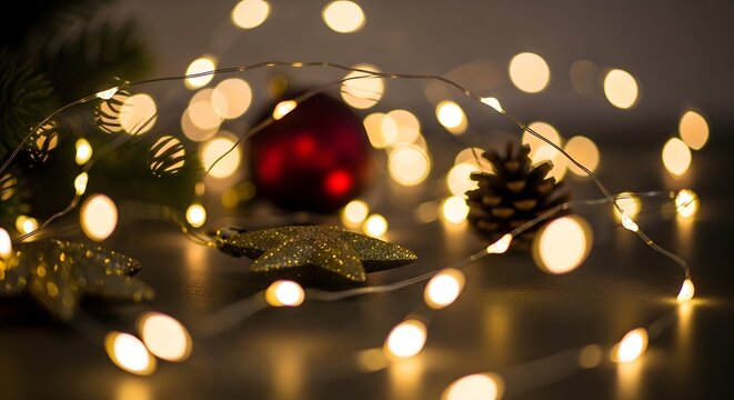 Festive Christmas background with glowing fairy lights, a red bauble, pine cone, and golden star ornament creating a magical holiday atmosphere