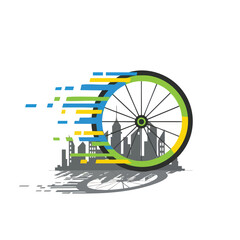 Obraz premium Stylized bicycle wheel with motion lines against a city skyline.