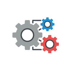 Three gears of different colors connected by lines, symbolizing teamwork and industry.