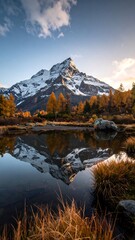 Obraz premium Mountain lake at autumnal sunrise, snow-capped peak reflected