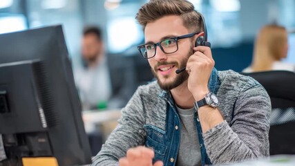 Businessman engaged in call center communication while providing web support in a modern office environment during working hours - Powered by Adobe
