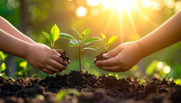 Child and Adult Hands Planting Seedlings in Soil – Intergenerational Environmental Care