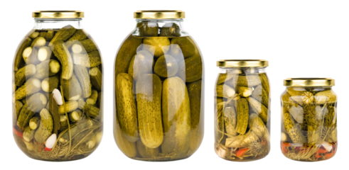 Set of canned pickled cucumbers isolated on white background