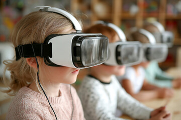Kids explore virtual reality together in a classroom setting Generative AI