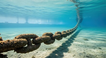 Obraz premium Rusty chain submerged underwater with sunlight and blue hues