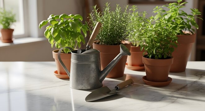 Potted herbs like basil, rosemary, and thyme sit on a marble table with a watering can and trowel, bathed in sunlight from a nearby window.