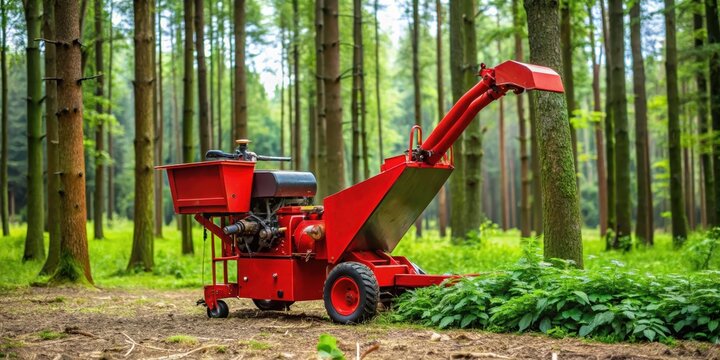 A large red garden chipper shredder machine with blades spinning in a lush green forest clearing surrounded by tall trees and fallen branches , outdoor machinery, gardening tools