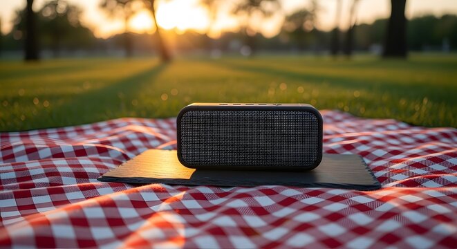 A portable wireless speaker sits on a black slate atop a red and white checkered picnic blanket on a grassy field during sunset, creating a serene outdoor music scene.