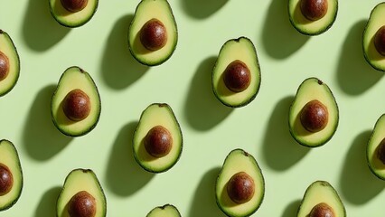 A repeating pattern of avocado halves with brown seeds on a light green background. Concept Avocado pattern, Repeating motif, Light green background, Brown seed detail, Tropical vibe