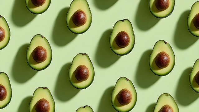 A repeating pattern of avocado halves with brown seeds on a light green background. Concept Avocado pattern, Repeating motif, Light green background, Brown seed detail, Tropical vibe