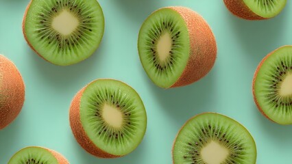 Fototapeta premium Halves of kiwifruit with bright green flesh, black seeds, and fuzzy brown skin on a teal background. Concept Kiwifruit halves on teal background, bright green flesh with black seeds