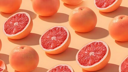 Pink grapefruits cut in halves and whole on a peachy background. Concept Pink grapefruit halves, Whole pink grapefruits, Peachy background, Citrus still life, Bright food photography
