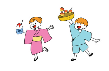 children, boy, girl, yukata, summer, festival, japan, happy, jumping, dancing, food, drink, shaved ice, takoyaki, celebration, joy, tradition, culture, cartoon, illustration, drawing, isolated, white 