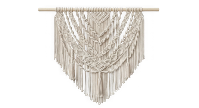 Bohemian macrame wall hanging with fringe isolated on transparent background