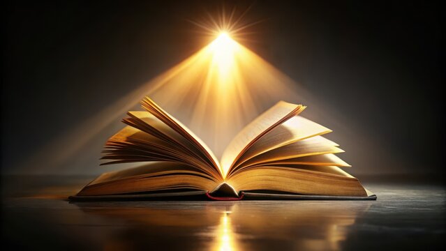 Luxurious illuminated book standing alone on a dark background with soft spotlight shining down on its pages , reading material, studious ambiance