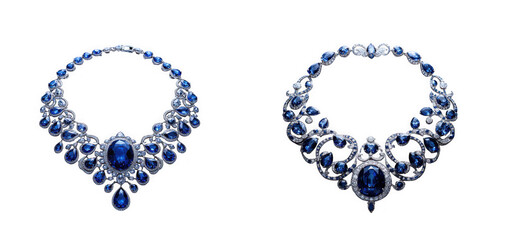 Two opulent sapphire and diamond necklaces, intricate floral design, royal blue gemstones, luxury jewelry, isolated on transparent background