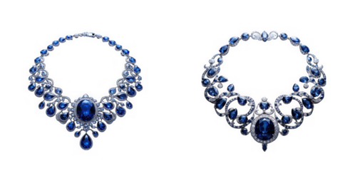 Two opulent sapphire and diamond necklaces, intricate floral design, royal blue gemstones, luxury jewelry, isolated on transparent background