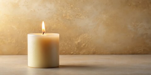 Aromatic white candle on a neutral beige background