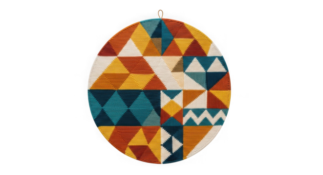 Oval woven tapestry with geometric patterns isolated on transparent background