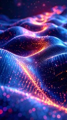 Abstract, digital art features a wavy, textured surface illuminated by vibrant, glowing particles in shades of blue, pink, and orange