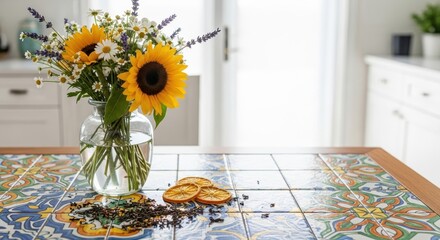 A sunflower and other flowers in a vase on a table with dried oranges