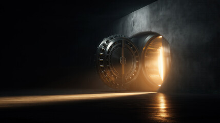Massive Circular Bank Vault Door Open With Golden Light Spilling Out &mdash; Dark Interior