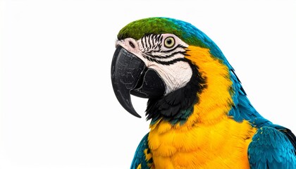 Fototapeta premium Blue-and-Yellow Macaw Close-Up on White Background – Vibrant Tropical Parrot