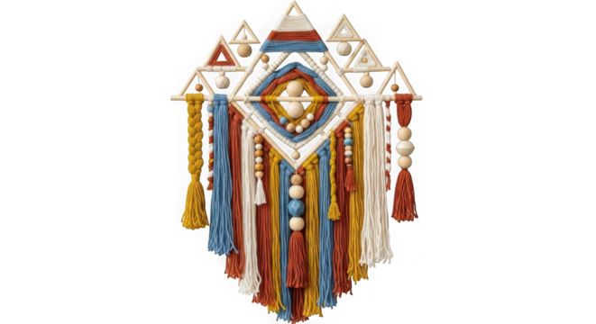 Geometric macrame wall hanging with colorful yarn and beads isolated on transparent background - Powered by Adobe